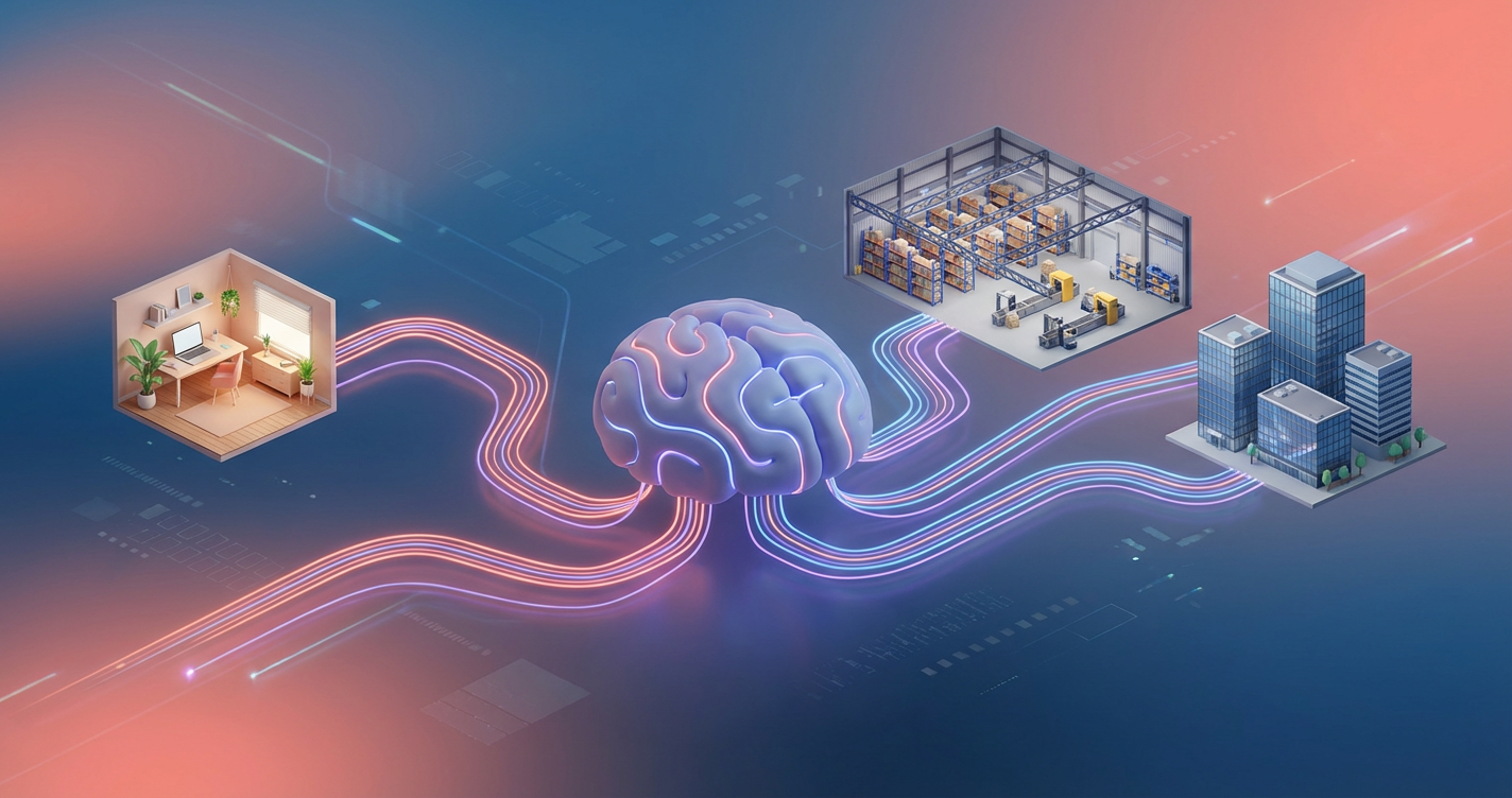 A conceptual 3D illustration of a 'Listening Architecture' for a business. A central brain-like node (Compono logo style) ...