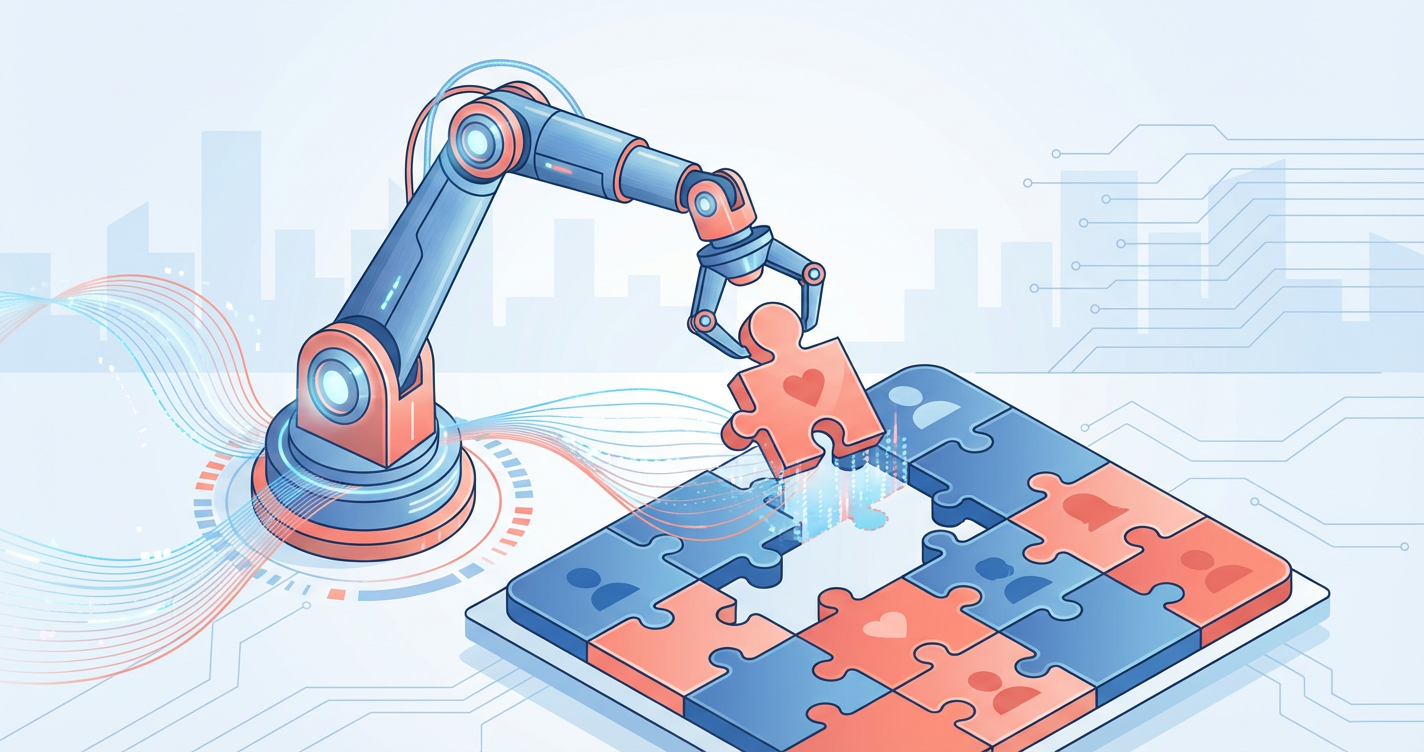 An illustration of a puzzle where human-shaped pieces are being perfectly fitted together by a robotic arm, symbolising th...