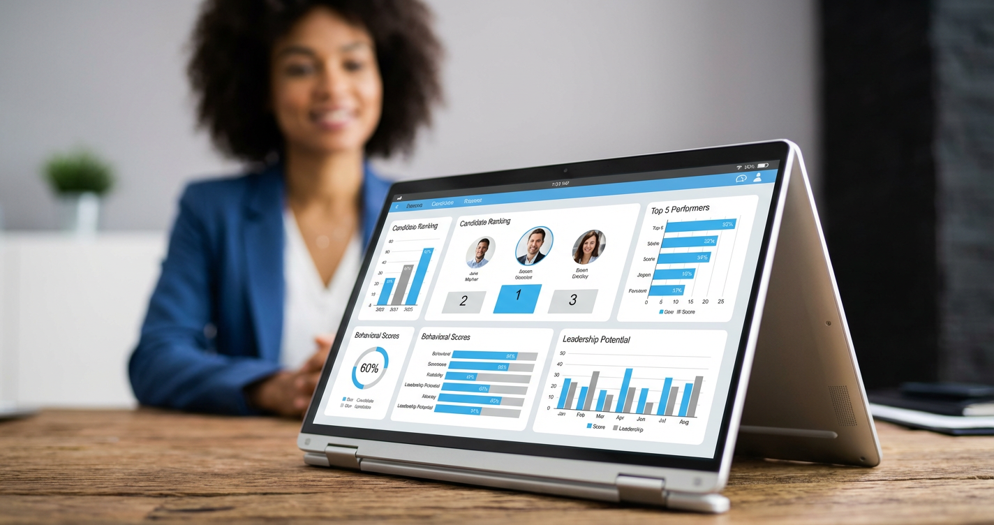 A close-up shot of a tablet displaying a sophisticated HR dashboard with ranking metrics and behavioural scores for candid...