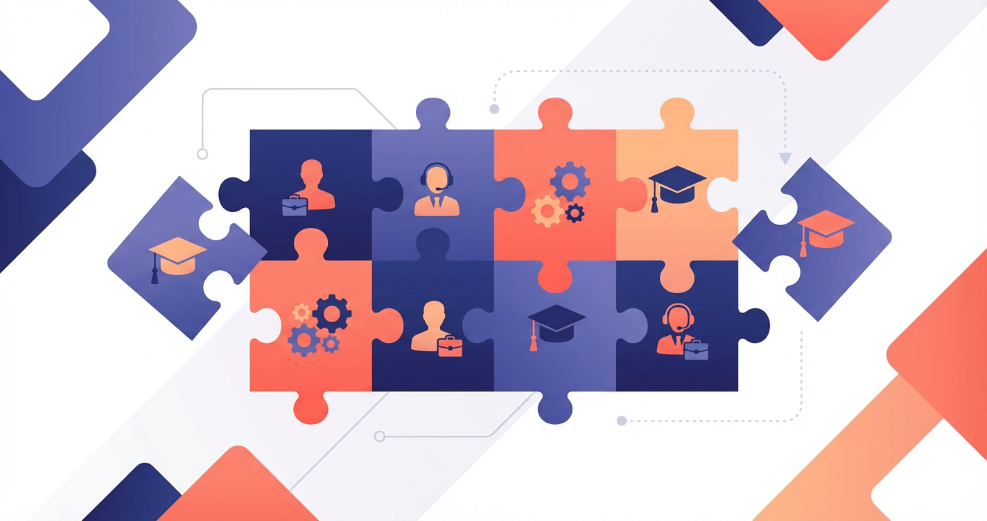 An abstract illustration representing a 'puzzles of work' being put together, showing icons of people, gears (processes), ...