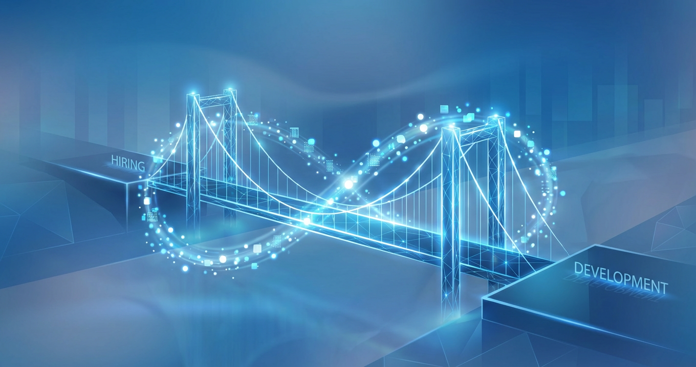 A conceptual image of a bridge connecting two sides: one side labelled 'Hiring' and the other 'Development', with a contin...
