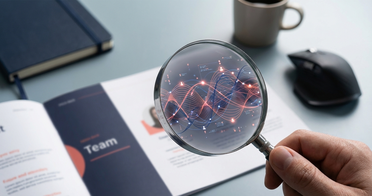 A close-up of a blurred pitch deck on a desk with a magnifying glass held over a section titled 'Team'. The glass reveals ...