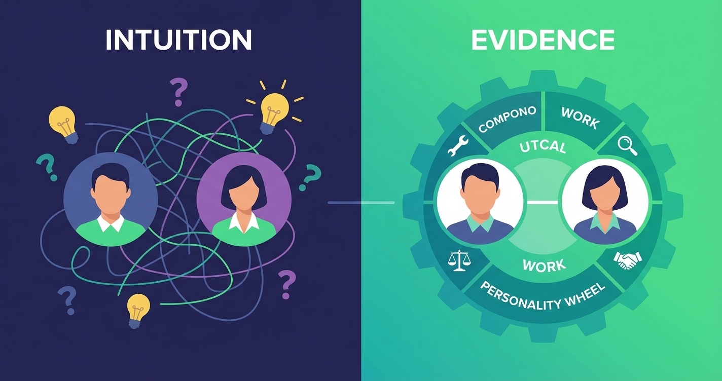 An illustrated comparison of two founding teams. One side shows 'Intuition' with messy, disconnected lines. The other side...