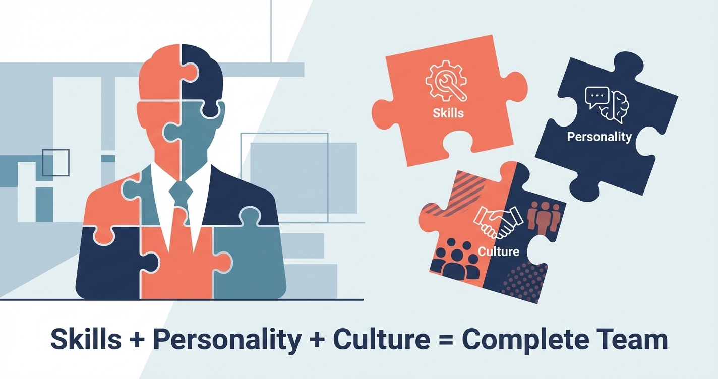 An illustration of a puzzle being put together where the pieces represent 'Skills', 'Personality', and 'Culture', forming ...