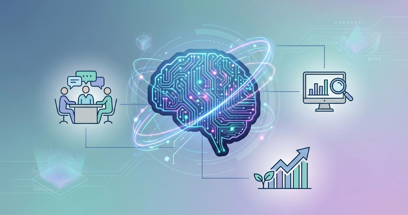A visual representation of 'Talent Intelligence' showing a digital brain connected to various office icons like a team mee...