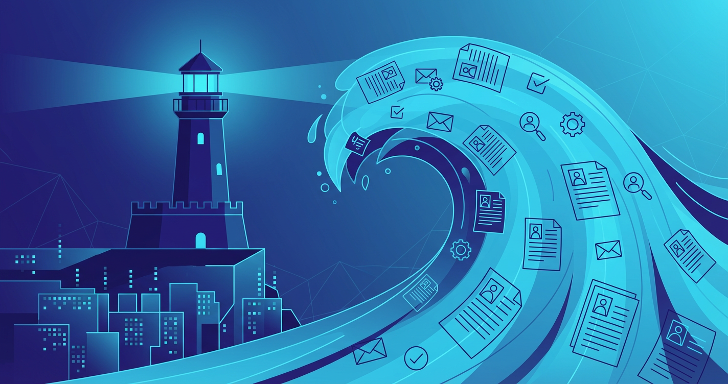 An artistic illustration of a digital 'tsunami' made of stylized resumes and application icons crashing against a sturdy l...