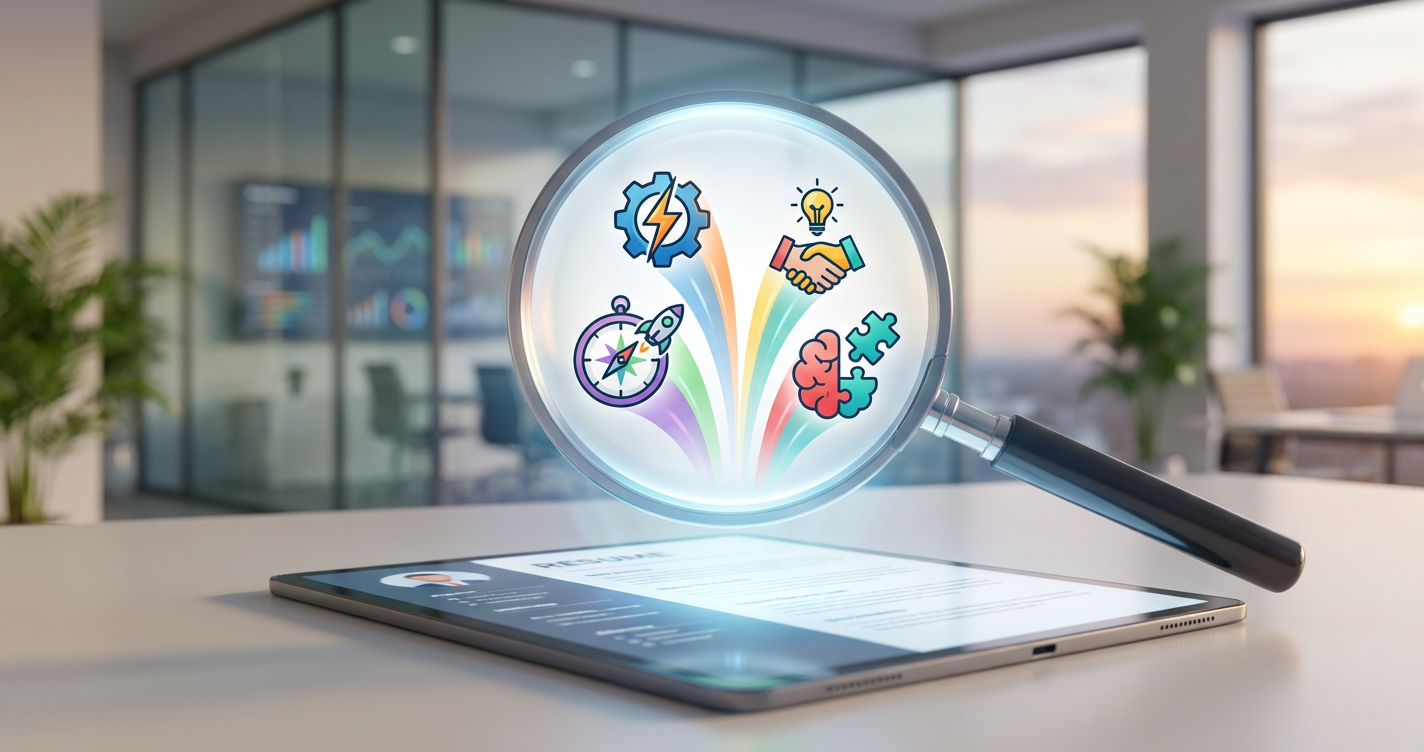 A visual representation of 'Beyond Keywords'. A magnifying glass hovering over a resume, but instead of text, it reveals c...