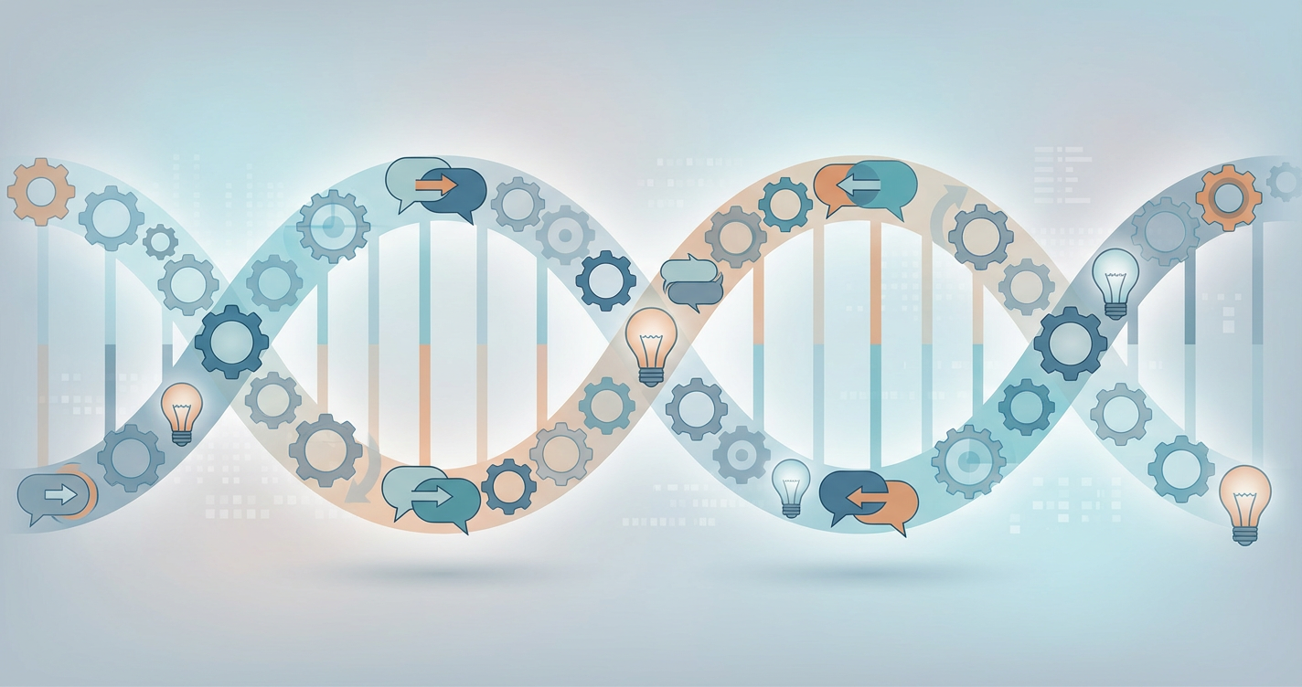 An abstract illustration of a DNA strand made of various office icons like speech bubbles, gears, and lightbulbs, using Co...