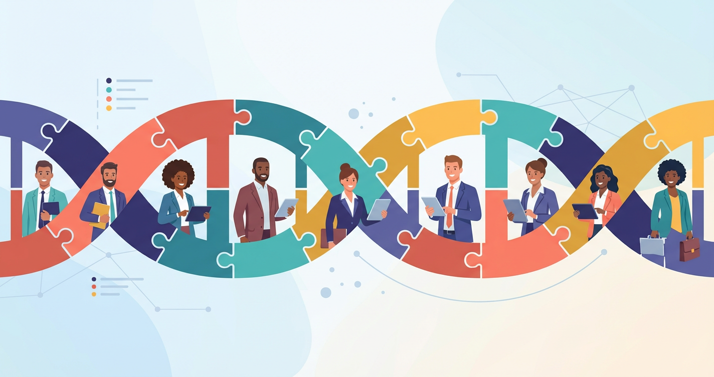 An illustration of a diverse group of s represented as unique puzzle pieces that fit perfectly into a larger organisationa...