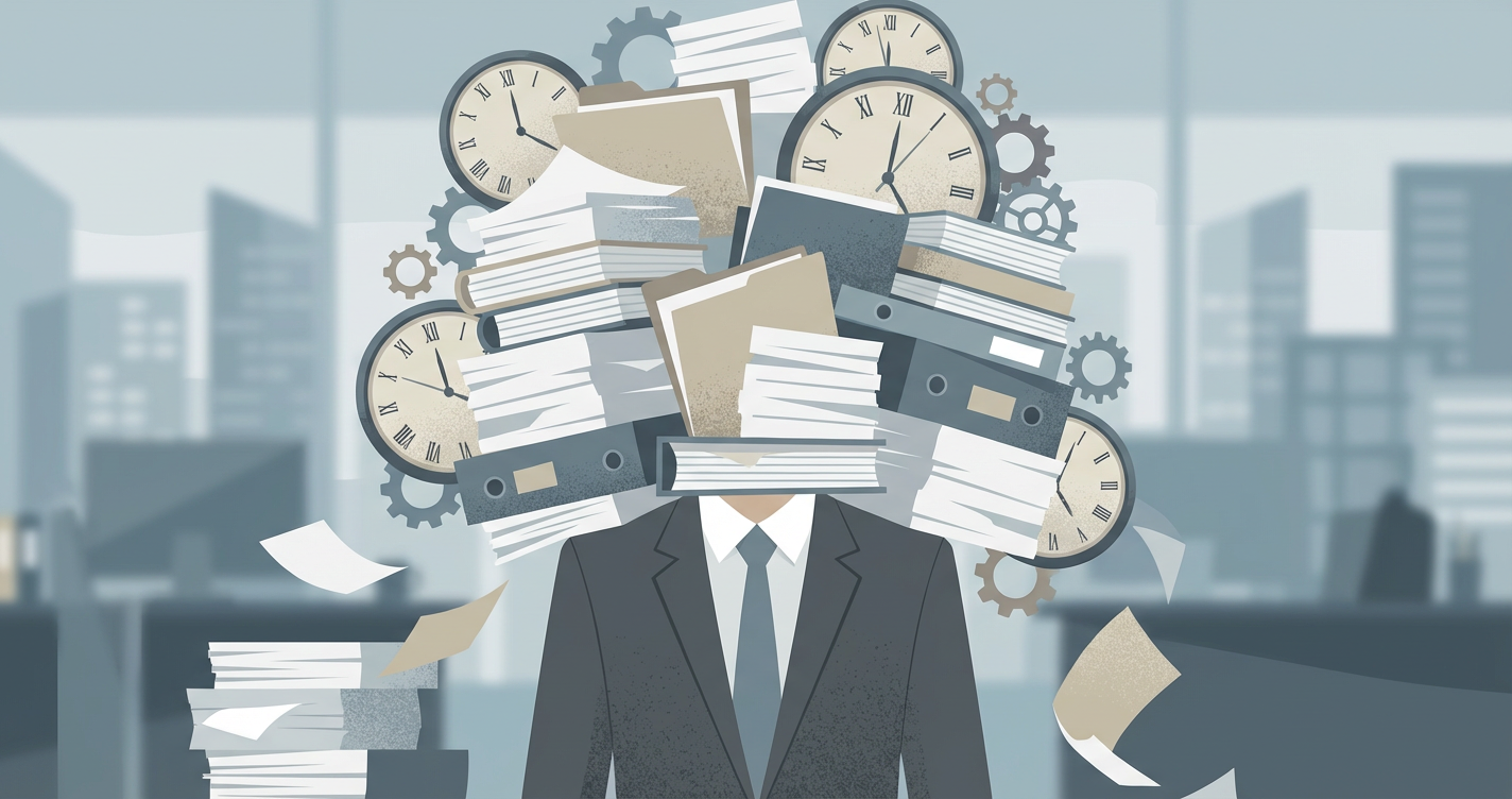 An illustration representing the 'Cost Centre Trap': a person buried under a mountain of paper resumes and clocks, looking...