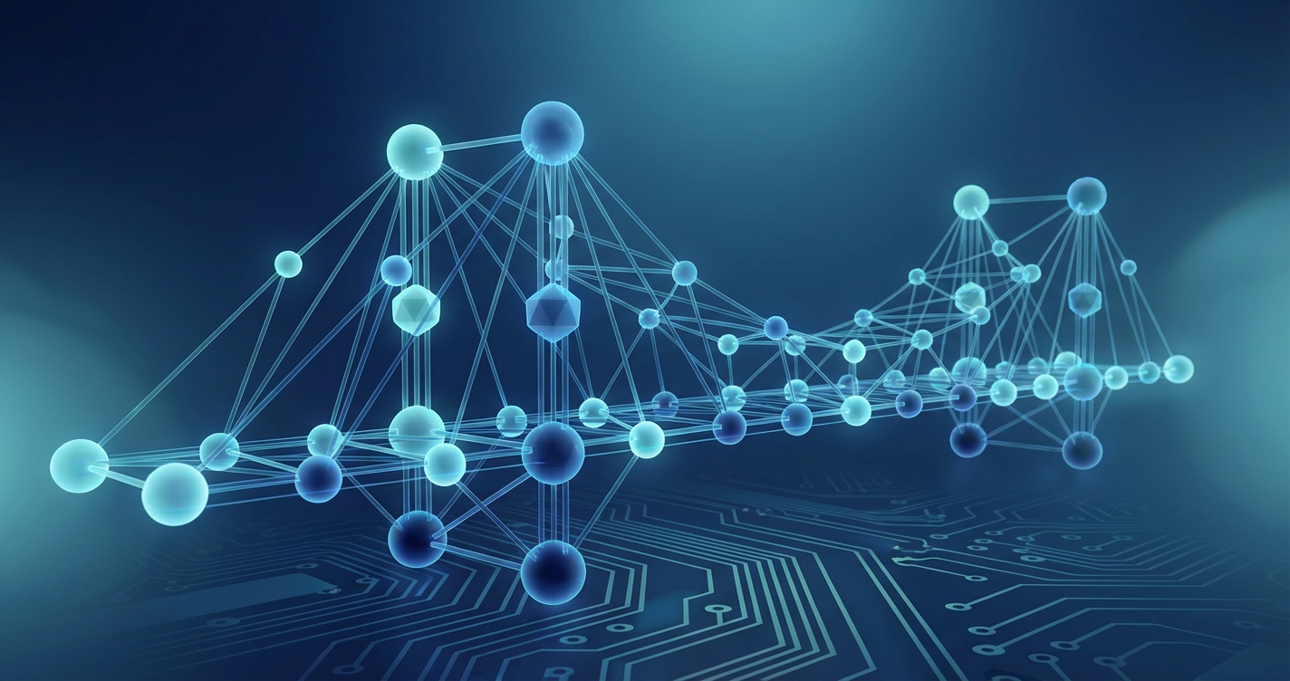 A conceptual 3D visualisation of 'Talent Architecture'. Translucent glowing nodes representing different skills and person...