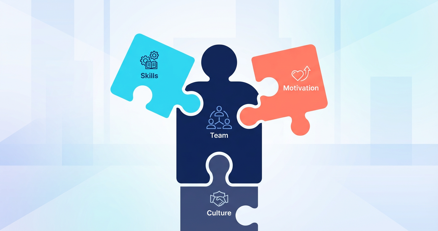 An illustration of a puzzle being put together, where pieces represent 'Culture', 'Skills', and 'Motivation' fitting perfe...