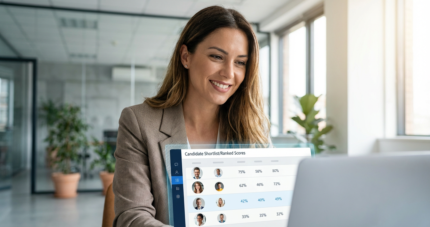 A close-up of a woman in a bright office looking confidently at a laptop screen that displays a clear, ranked shortlist of...
