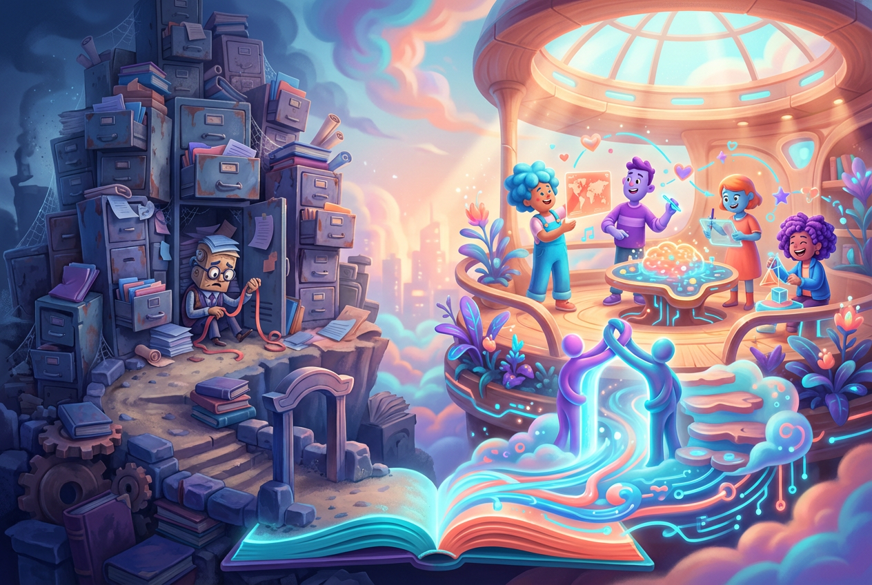 A comparison graphic showing two paths. One path labelled 'Process Only' leads to a cluttered room of filing cabinets. The...