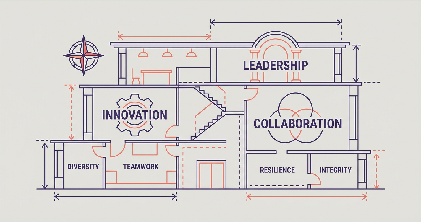 An abstract illustration of a blueprint for a building, but instead of rooms, the sections are labeled with human traits l...
