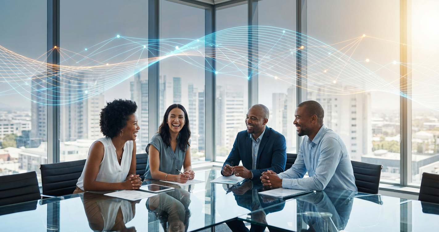 A diverse team of s sitting around a glass table in a sunlit boardroom, appearing engaged and happy. Overlaid on the image...