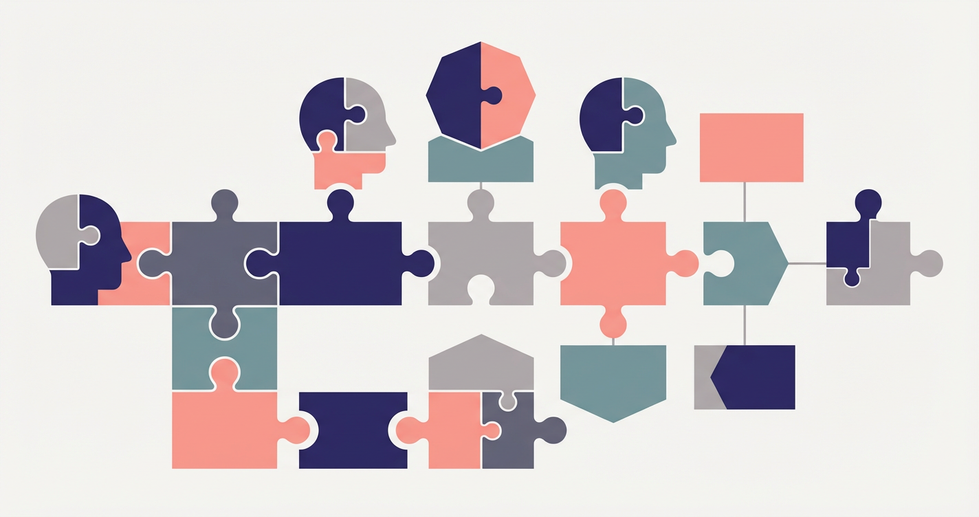 An abstract illustration of puzzle pieces shaped like human profiles fitting together to form a larger organisational stru...