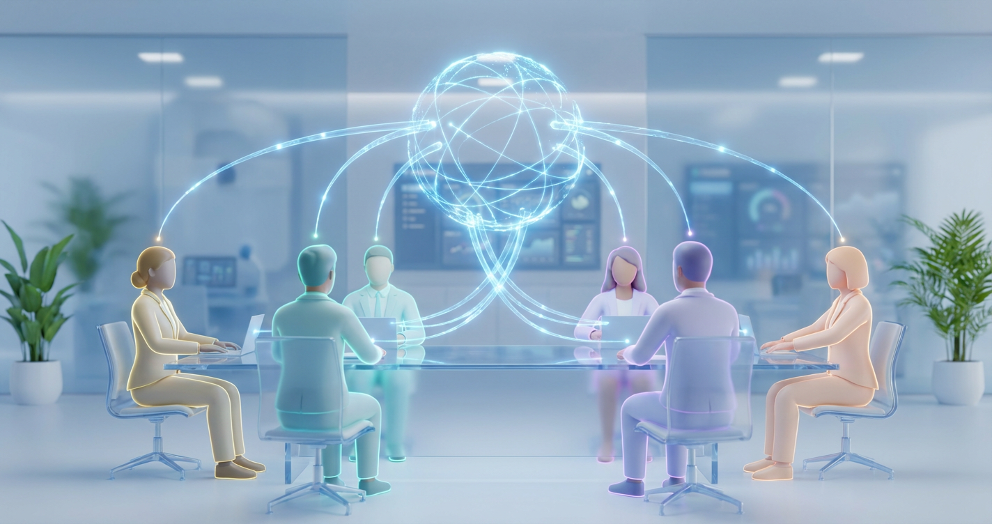 A conceptual 3D render showing data lines connecting different individuals in a team, symbolising the correlation between ...