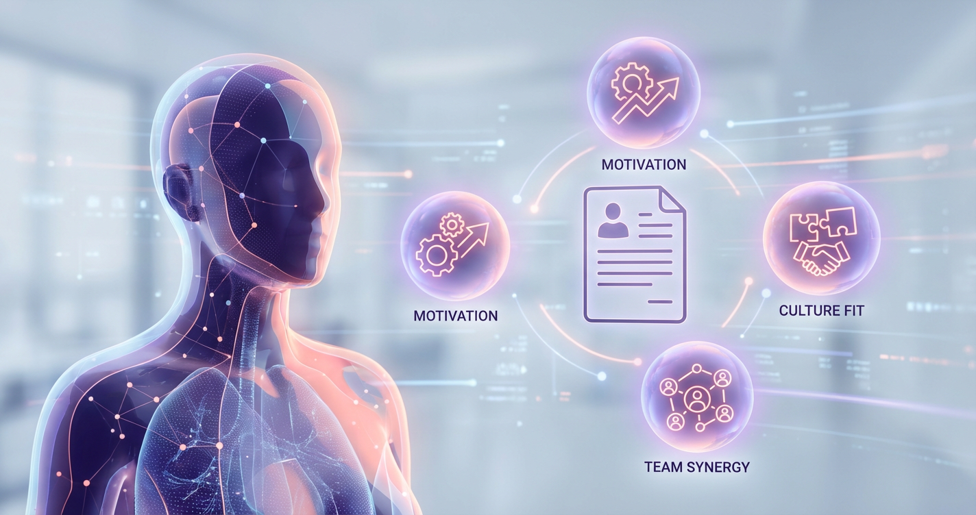 A conceptual 3D render of a 'whole person' profile, showing layers beyond a resume like 'Motivation', 'Culture Fit', and '...